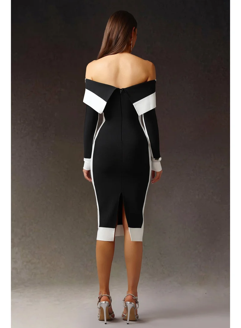 Bella Barnett Mattey Off-The-Shoulder Long Sleeves Stripes Bandage Midi Dress